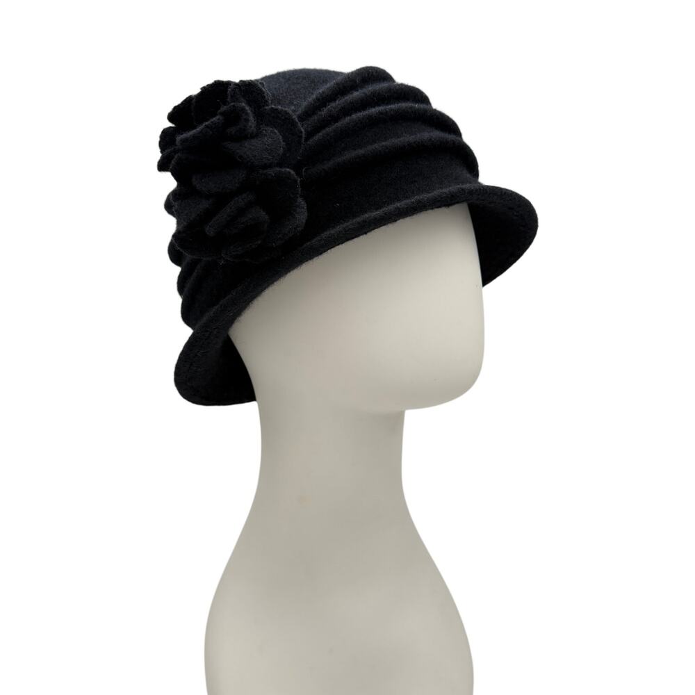 Vtg Scala Handmade 100% Wool Cloche Hat Black One Size Floral Roaring 20s Gatsby
